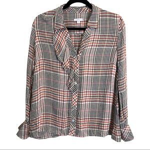 J. Jill Ruffle Button Down Plaid Long Sleeve Shirt Size Small